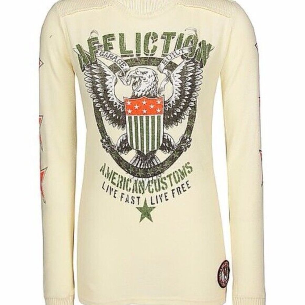 AFFLICTION MISSES SZ SMALL RARE IVORY TATTOO PRINT LONG SLEEVE SWEATER / TOP